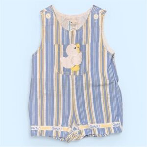 Vintage 1980s Good Lad Blue Yellow Striped Duck Quack Romper 6-9 Months